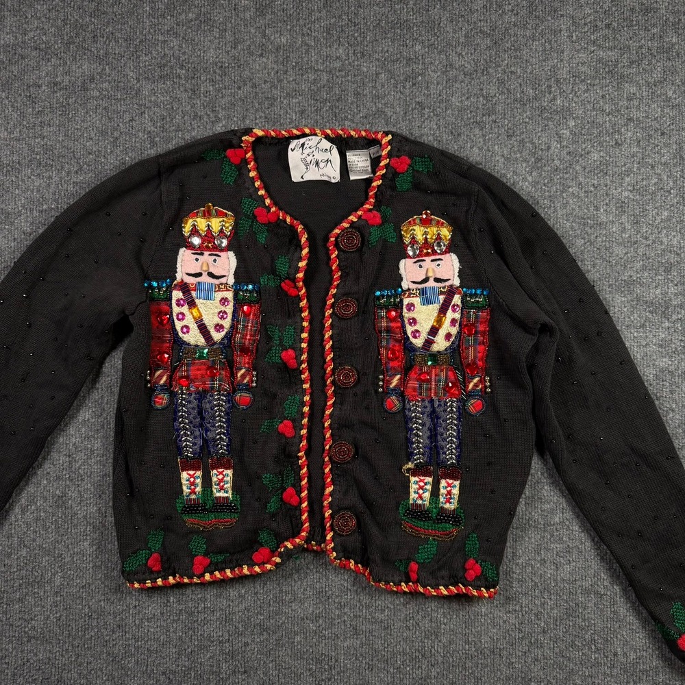 Michael Simon Nutcracker Cardigan Womens P/S Black Beaded Christmas Sweater 1997